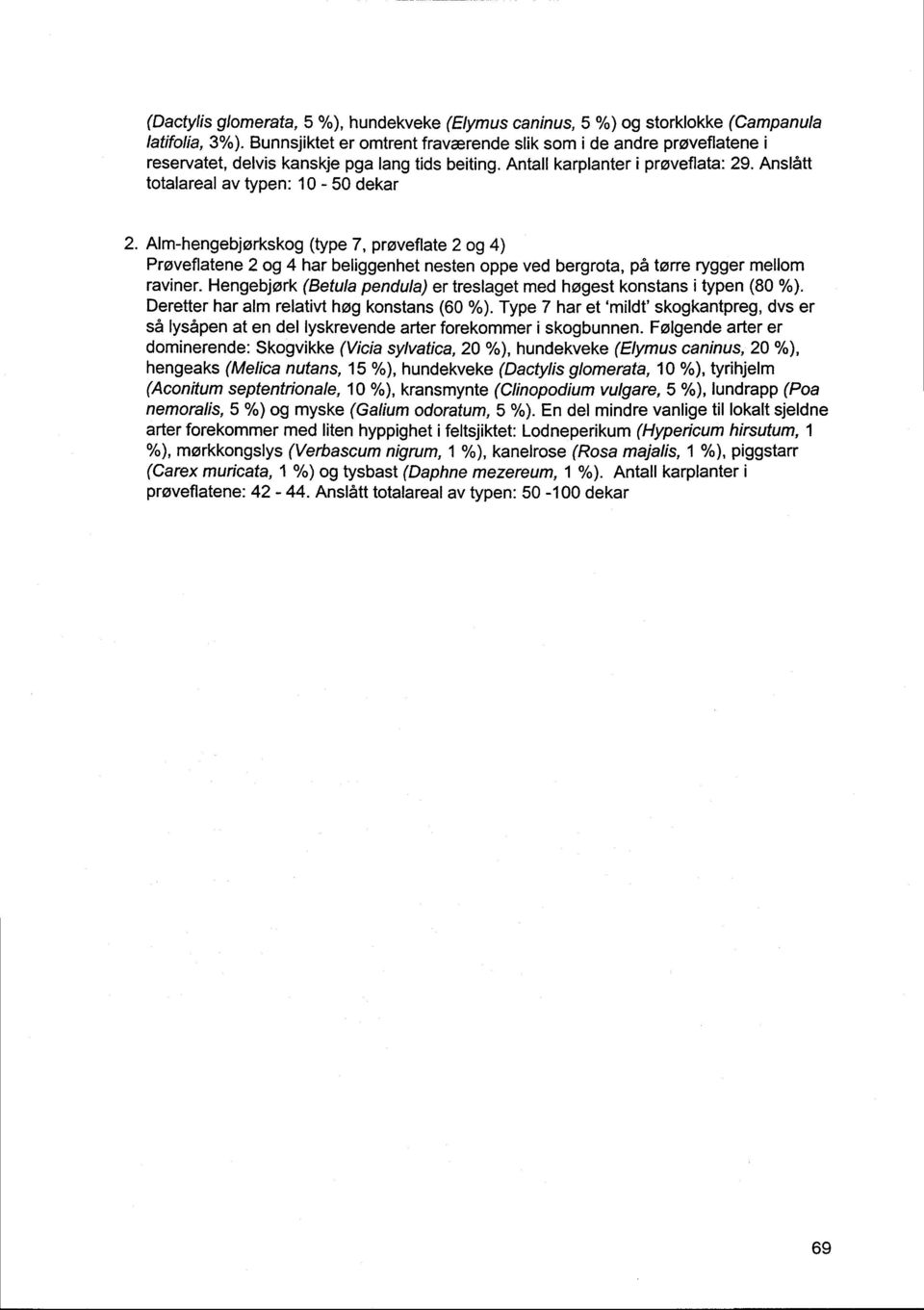 Afm-hengebjorkskog (type 7, proveflate 2 og 4) Proveflatene 2 og 4 har beliggenhet nesten oppe ved bergrota, pa tarre rygger mellom raviner.