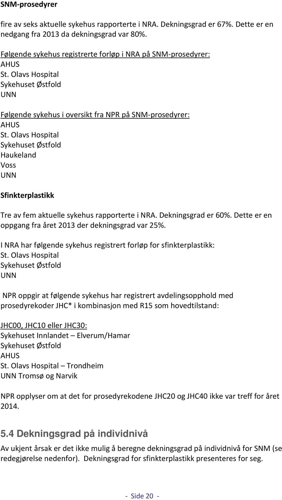 Olavs Hospital Sykehuset Østfold Haukeland Voss UNN Sfinkterplastikk Tre av fem aktuelle sykehus rapporterte i NRA. Dekningsgrad er 60%. Dette er en oppgang fra året 2013 der dekningsgrad var 25%.
