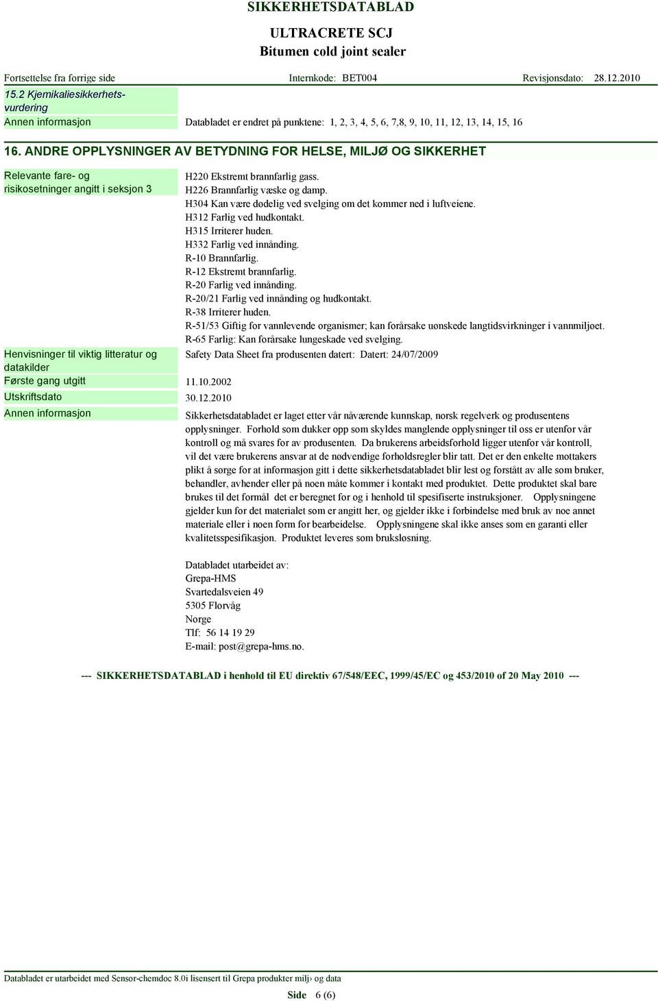 H304 Kan være dødelig ved svelging om det kommer ned i luftveiene. H312 Farlig ved hudkontakt. H315 Irriterer huden. H332 Farlig ved innånding. R-10 Brannfarlig. R-12 Ekstremt brannfarlig.