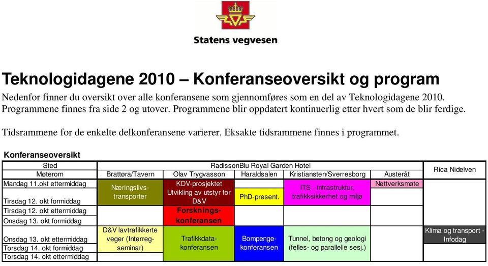 Konferanseoversikt Sted RadissonBlu Royal Garden Hotel Møterom Brattøra/Tavern Olav Trygvasson Haraldsalen Kristiansten/Sverresborg Austeråt Mandag 11.