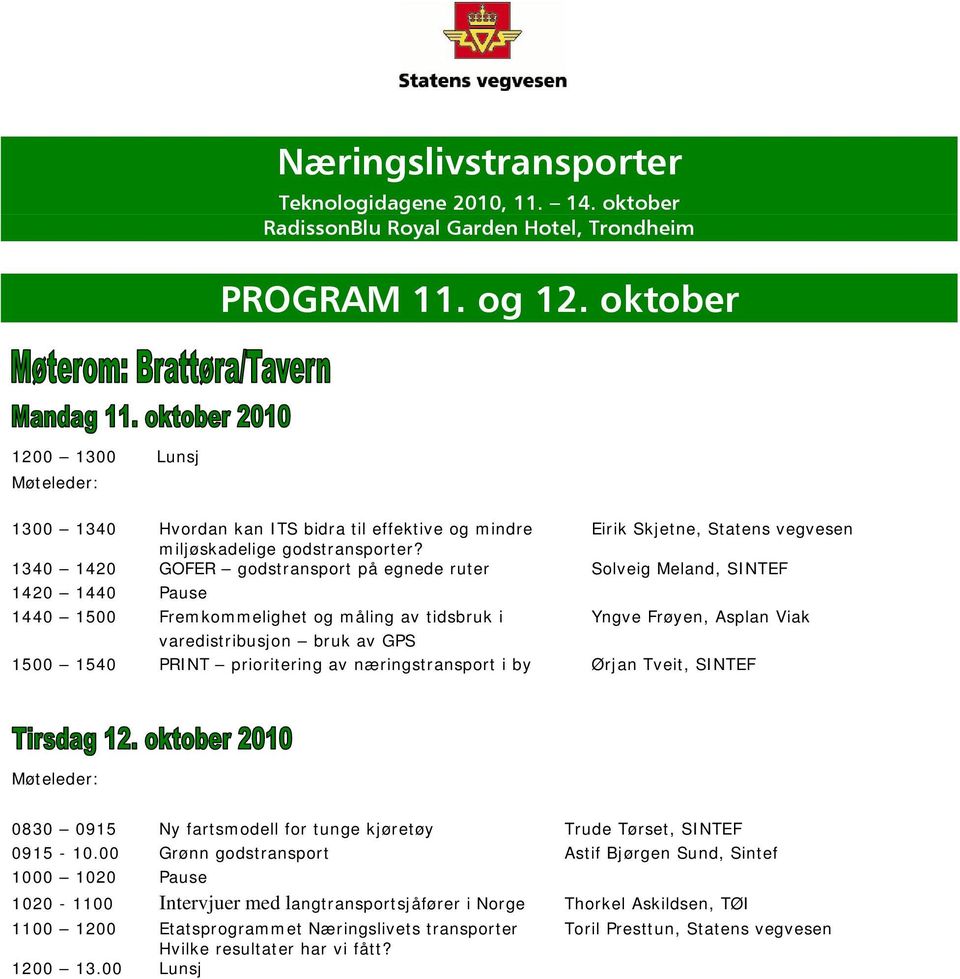 PRINT prioritering av næringstransport i by Ørjan Tveit, SINTEF Møteleder: 0830 0915 Ny fartsmodell for tunge kjøretøy Trude Tørset, SINTEF 0915-10.