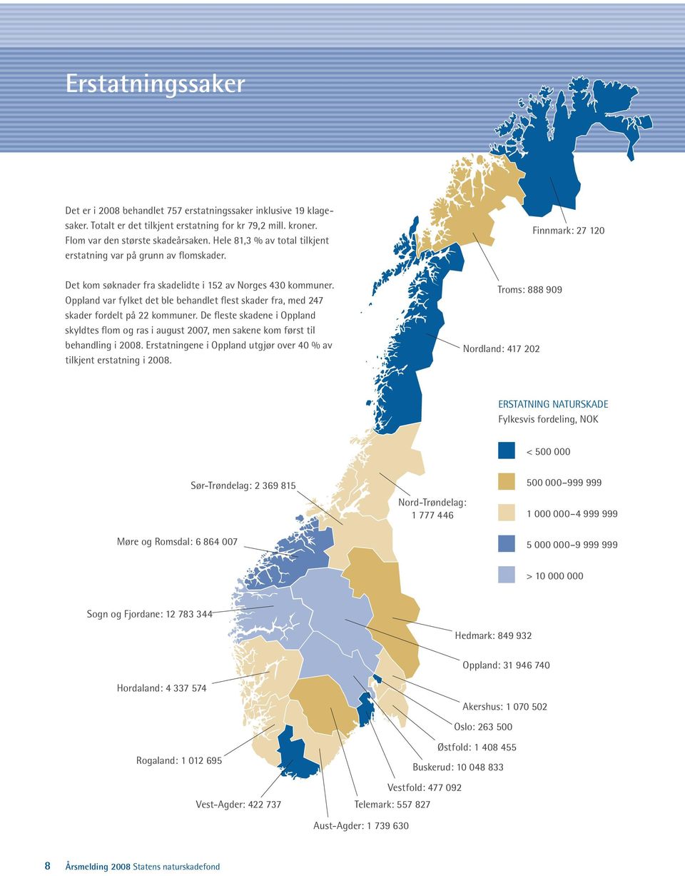 Oppland var fylket det ble behandlet flest skader fra, med 247 skader fordelt på 22 kommuner.
