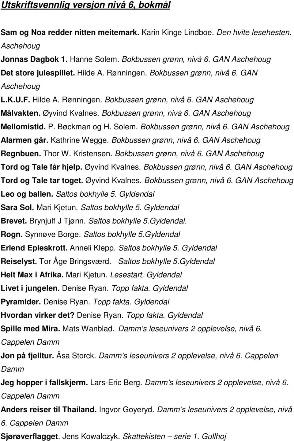 Bokbussen grønn, nivå 6. GAN Aschehoug Mellomistid. P. Bøckman og H. Solem. Bokbussen grønn, nivå 6. GAN Aschehoug Alarmen går. Kathrine Wegge. Bokbussen grønn, nivå 6. GAN Aschehoug Regnbuen. Thor W.