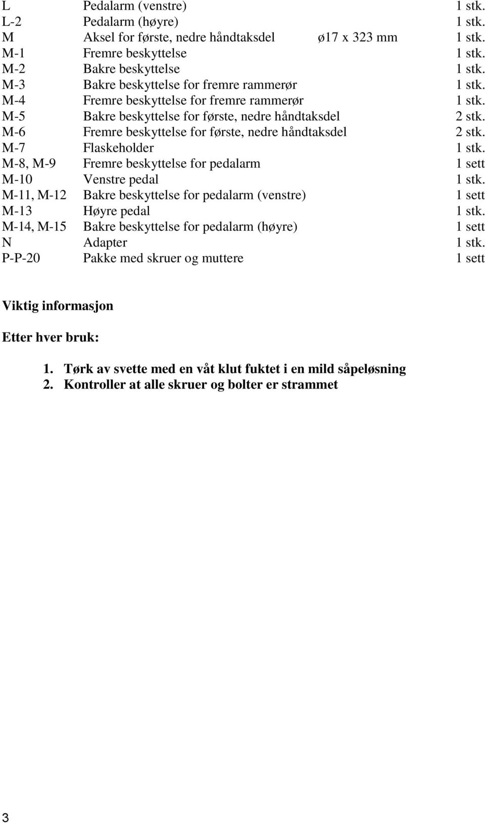 M-6 Fremre beskyttelse for første, nedre håndtaksdel 2 stk. M-7 Flaskeholder 1 stk. M-8, M-9 Fremre beskyttelse for pedalarm 1 sett M-10 Venstre pedal 1 stk.