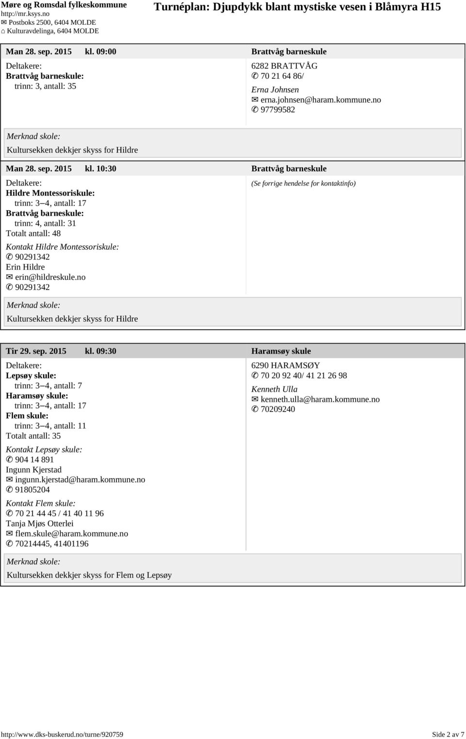 10:30 Brattvåg barneskule Hildre Montessoriskule: trinn: 3 4, antall: 17 Brattvåg barneskule: trinn: 4, antall: 31 Totalt antall: 48 Kontakt Hildre Montessoriskule: 90291342 Erin Hildre