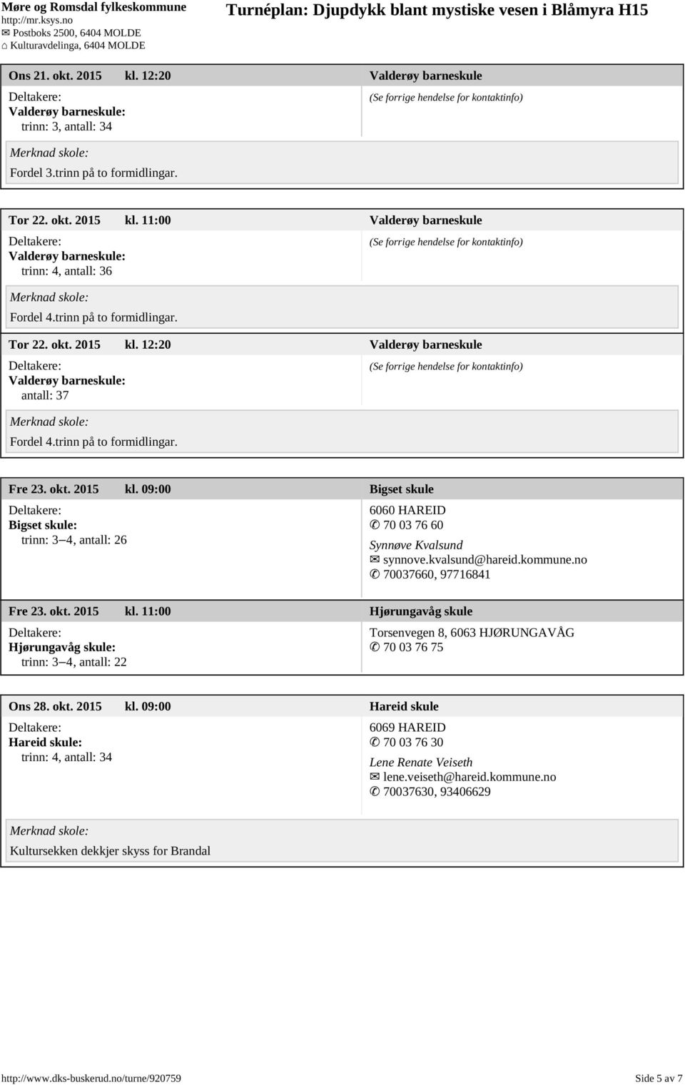 kvalsund@hareid.kommune.no 70037660, 97716841 Fre 23. okt. 2015 kl. 11:00 Hjørungavåg skule Hjørungavåg skule: trinn: 3 4, antall: 22 Torsenvegen 8, 6063 HJØRUNGAVÅG 70 03 76 75 Ons 28. okt. 2015 kl. 09:00 Hareid skule Hareid skule: trinn: 4, antall: 34 6069 HAREID 70 03 76 30 Lene Renate Veiseth lene.