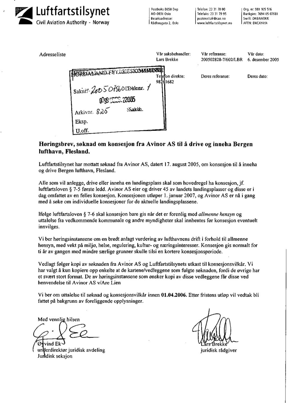 desember 2005 "on direkte: 1682 Deres referanse: Deres dato: Høringsbrev, søknad om konsesjon fra Avinor AS til å drive og inneha Bergen lufthavn, Flesland.