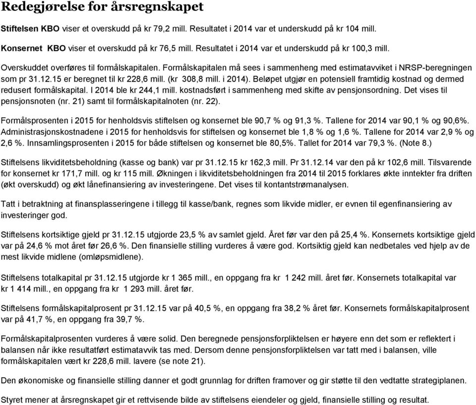 15 er beregnet til kr 228,6 mill. (kr 308,8 mill. i 2014). Beløpet utgjør en potensiell framtidig kostnad og dermed redusert formålskapital. I 2014 ble kr 244,1 mill.