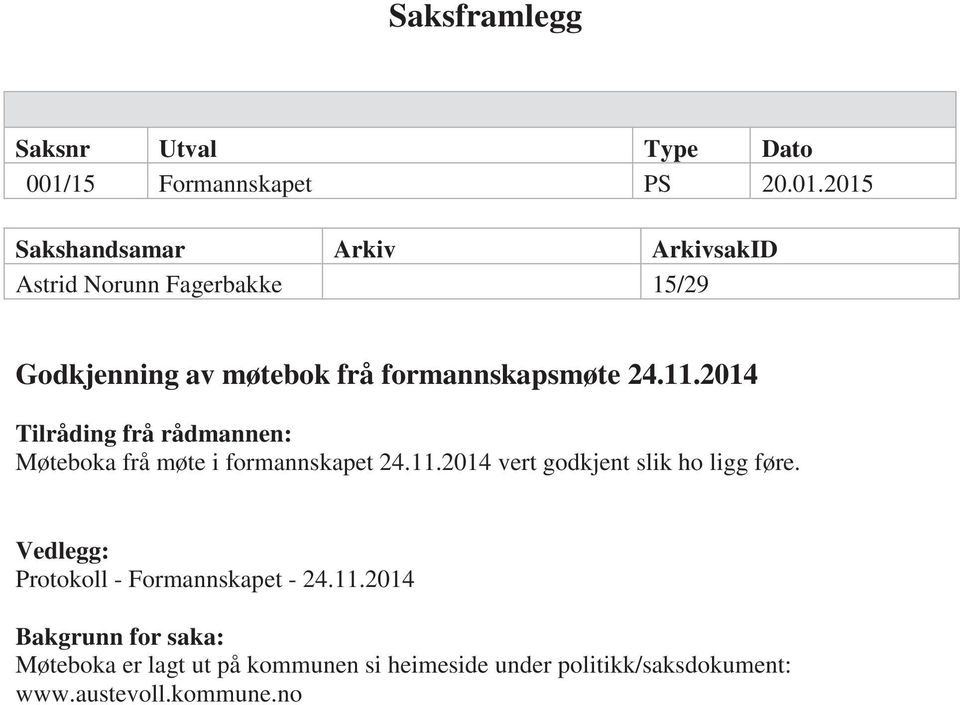 2015 Sakshandsamar Arkiv ArkivsakID Astrid Norunn Fagerbakke 15/29 Godkjenning av møtebok frå formannskapsmøte 24.