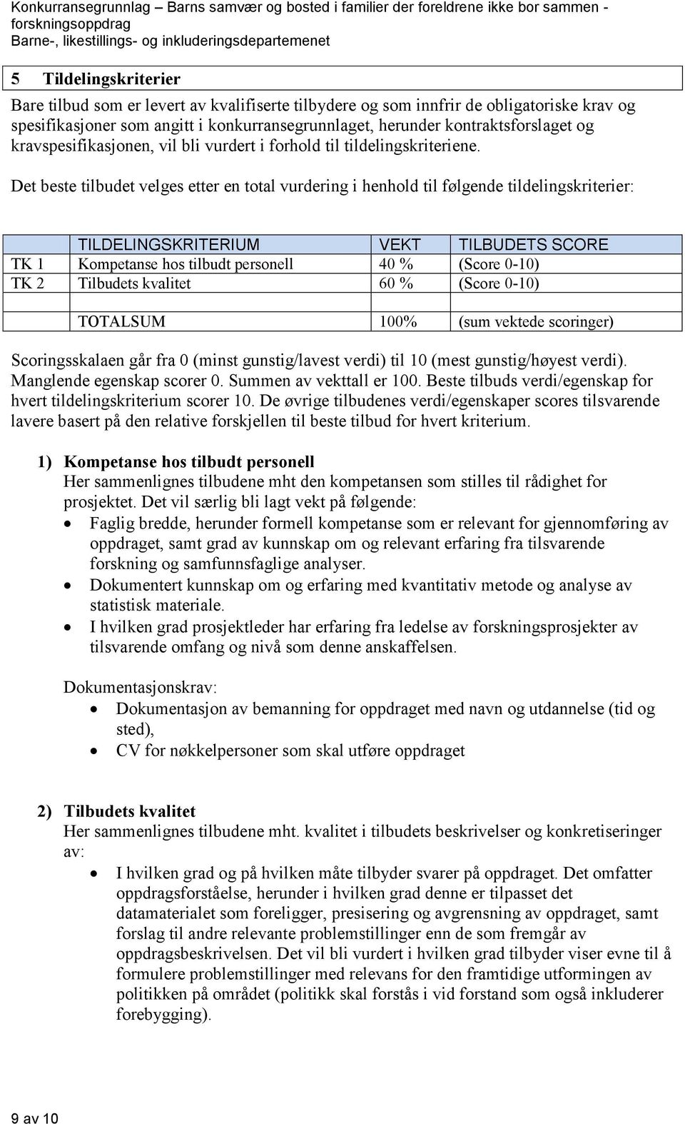 Det beste tilbudet velges etter en total vurdering i henhold til følgende tildelingskriterier: TILDELINGSKRITERIUM VEKT TILBUDETS SCORE TK 1 Kompetanse hos tilbudt personell 40 % (Score 0-10) TK 2