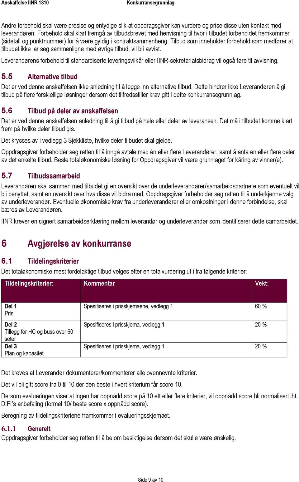 Tilbud som inneholder forbehold som medfører at tilbudet ikke lar seg sammenligne med øvrige tilbud, vil bli avvist.