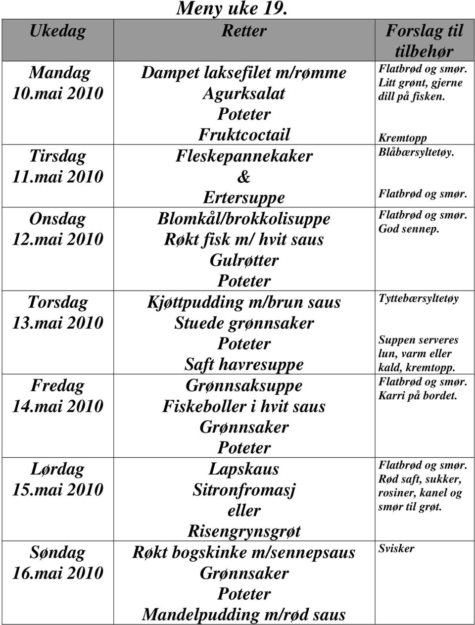 hvit saus Kjøttpudding m/brun saus Stuede grønnsaker Saft havresuppe Grønnsaksuppe Fiskeboller i hvit saus Lapskaus