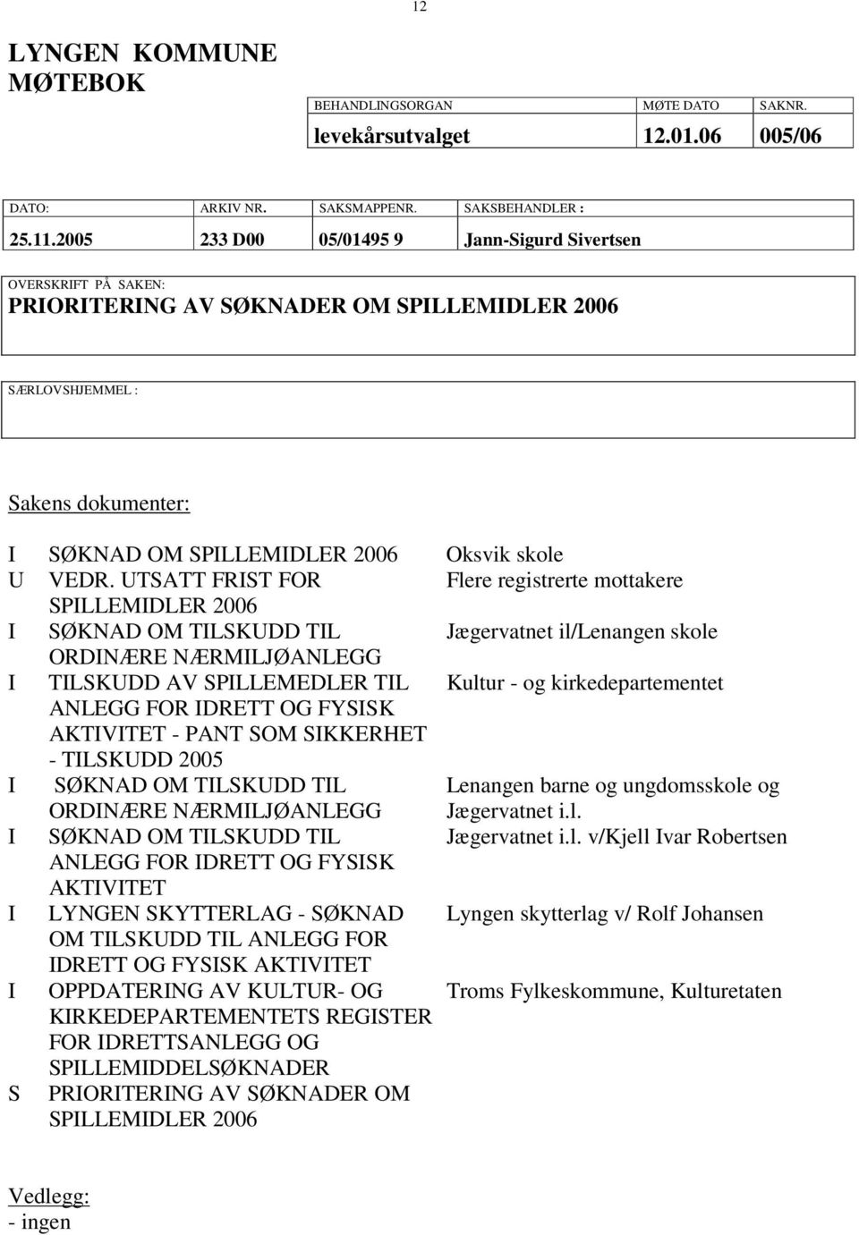 UTSATT FRIST FOR Flere registrerte mottakere SPILLEMIDLER 2006 I SØKNAD OM TILSKUDD TIL Jægervatnet il/lenangen skole ORDINÆRE NÆRMILJØANLEGG I TILSKUDD AV SPILLEMEDLER TIL Kultur - og