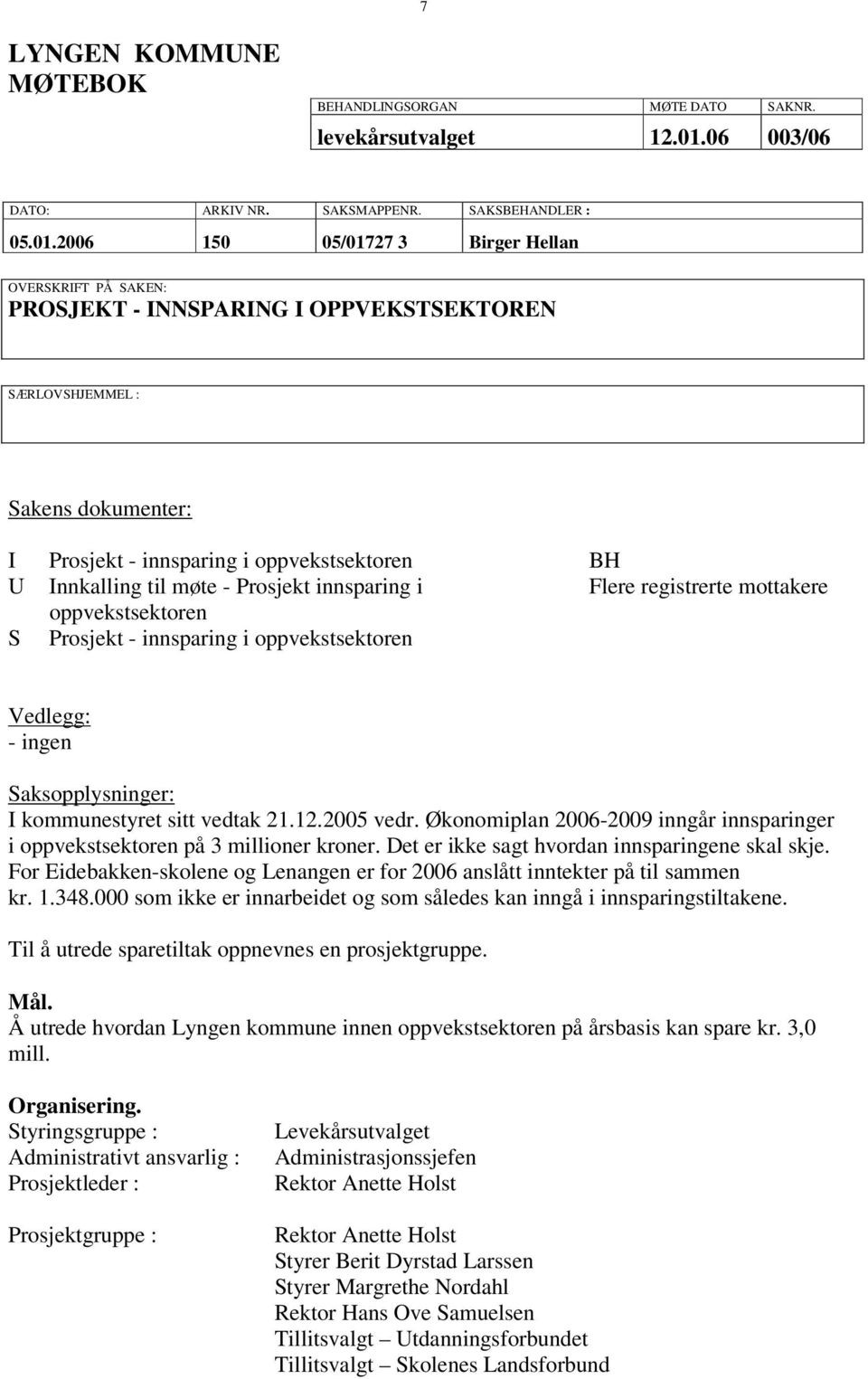 2006 150 05/01727 3 Birger Hellan OVERSKRIFT PÅ SAKEN: PROSJEKT - INNSPARING I OPPVEKSTSEKTOREN SÆRLOVSHJEMMEL : Sakens dokumenter: I Prosjekt - innsparing i oppvekstsektoren BH U Innkalling til møte