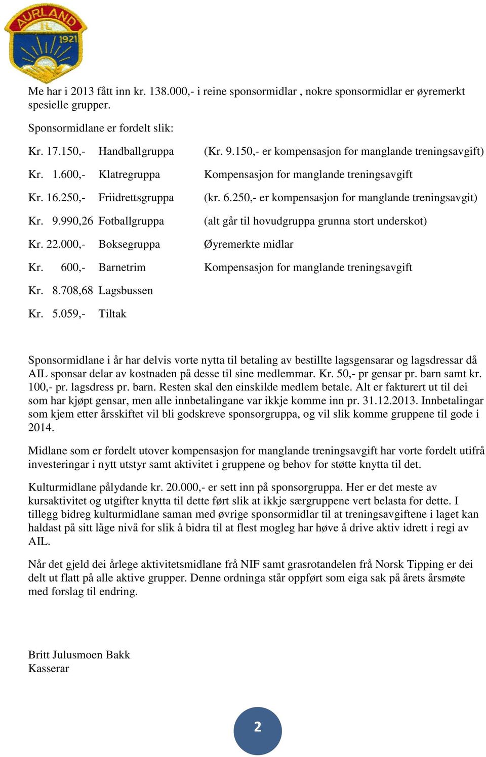 990,26 Fotballguppa (alt gå til hovudguppa gunna stot undeskot) K. 22.000,- Bokseguppa Øyemekte midla K. 600,- Banetim Kompensasjon fo manglande teningsavgift K. 8.708,68 Lagsbussen K. 5.