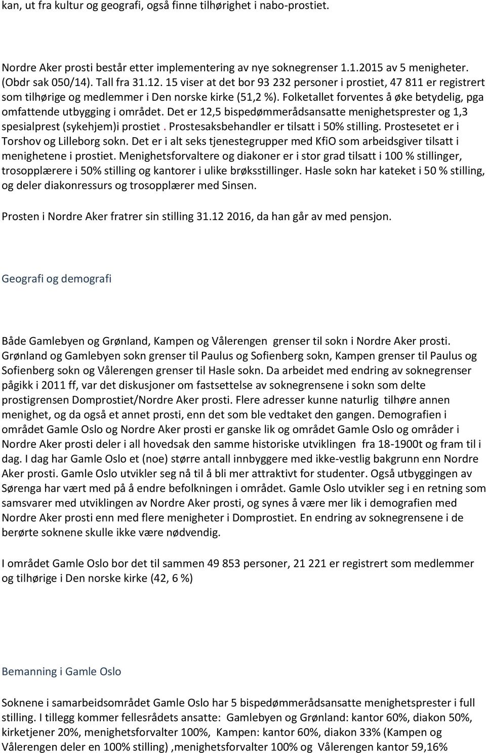 Det er 12,5 bispedømmerådsansatte menighetsprester og 1,3 spesialprest (sykehjem)i prostiet. Prostesaksbehandler er tilsatt i 50% stilling. Prostesetet er i Torshov og Lilleborg sokn.