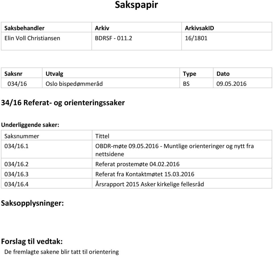 2016 34/16 Referat- og orienteringssaker Underliggende saker: Saksnummer Tittel 034/16.1 OBDR-møte 09.05.