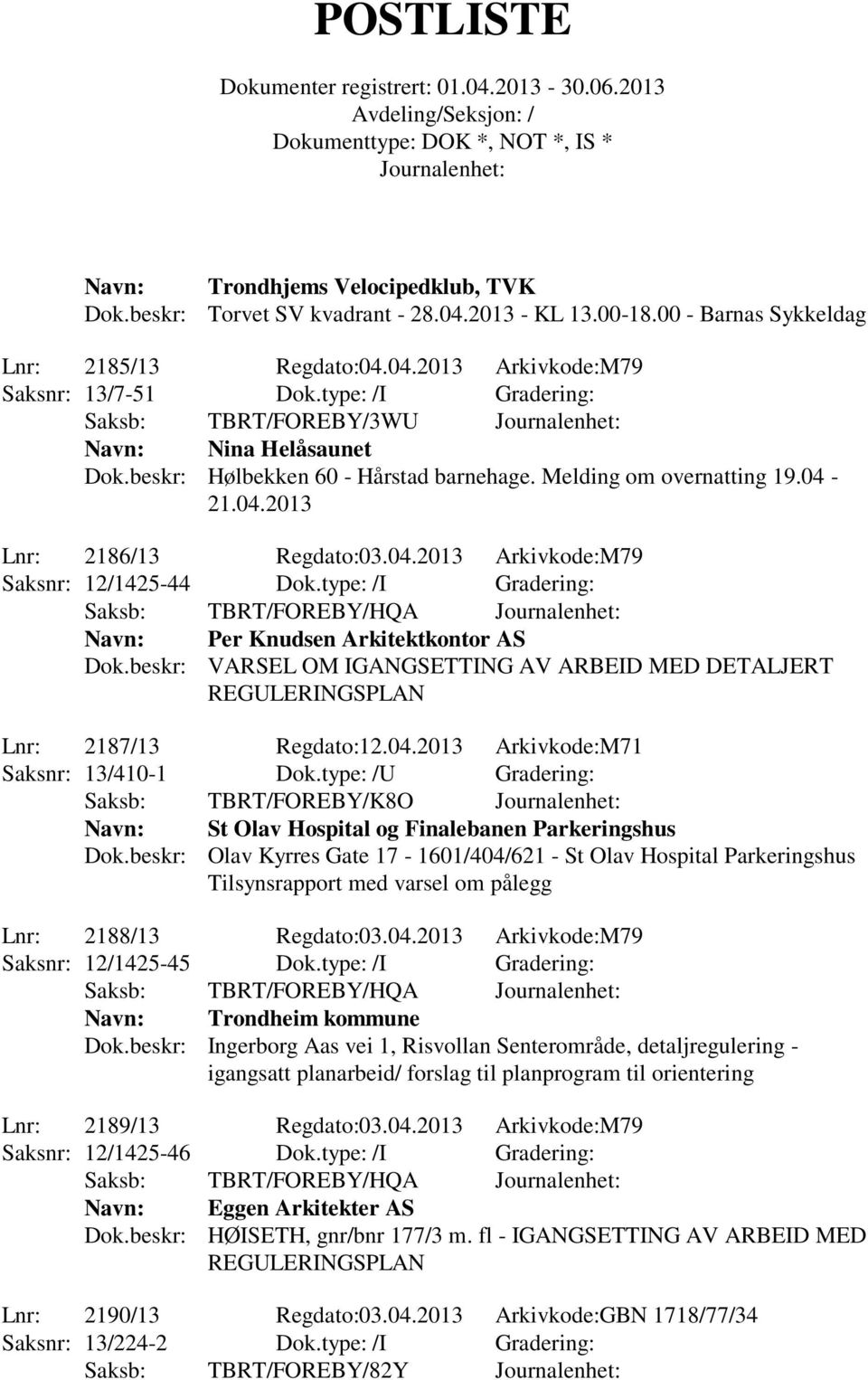 type: /I Gradering: Saksb: TBRT/FOREBY/HQA Per Knudsen Arkitektkontor AS Dok.beskr: VARSEL OM IGANGSETTING AV ARBEID MED DETALJERT REGULERINGSPLAN Lnr: 2187/13 Regdato:12.04.