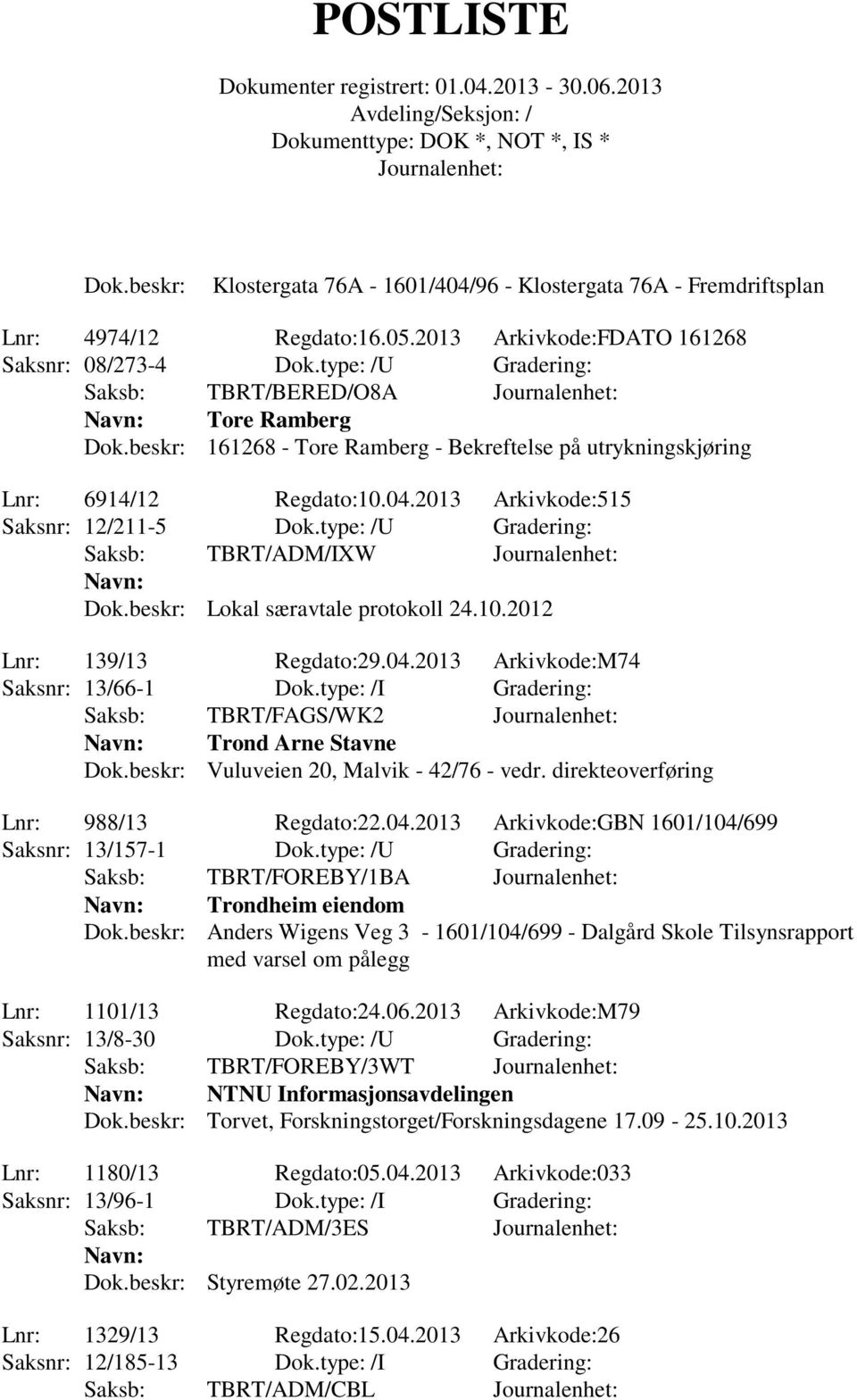 type: /U Gradering: Saksb: TBRT/ADM/IXW Dok.beskr: Lokal særavtale protokoll 24.10.2012 Lnr: 139/13 Regdato:29.04.2013 Arkivkode:M74 Saksnr: 13/66-1 Dok.