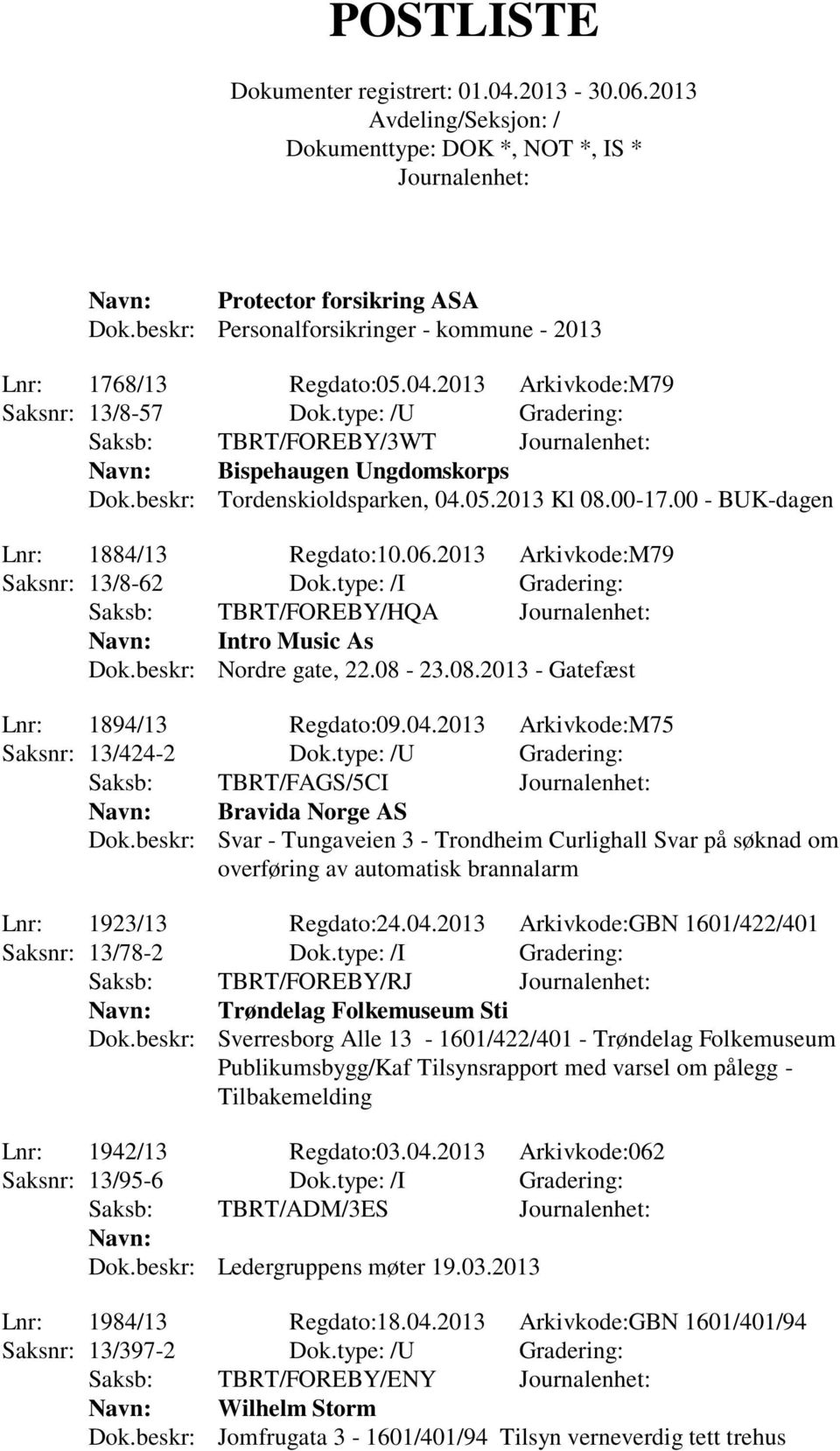 2013 Arkivkode:M79 Saksnr: 13/8-62 Dok.type: /I Gradering: Saksb: TBRT/FOREBY/HQA Intro Music As Dok.beskr: Nordre gate, 22.08-23.08.2013 - Gatefæst Lnr: 1894/13 Regdato:09.04.