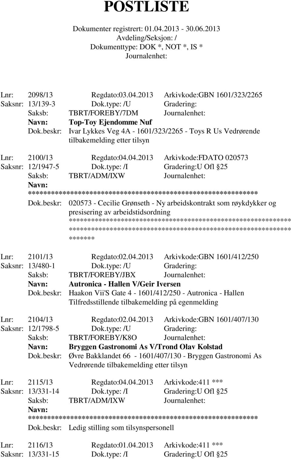 type: /I Gradering:U Ofl 25 Saksb: TBRT/ADM/IXW Dok.beskr: 020573 - Cecilie Grønseth - Ny arbeidskontrakt som røykdykker og presisering av arbeidstidsordning Lnr: 2101/13 Regdato:02.04.