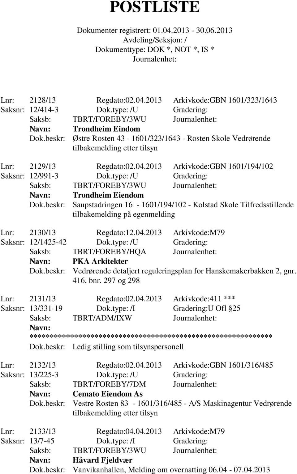 type: /U Gradering: Saksb: TBRT/FOREBY/3WU Trondheim Eiendom Dok.beskr: Saupstadringen 16-1601/194/102 - Kolstad Skole Tilfredsstillende tilbakemelding på egenmelding Lnr: 2130/13 Regdato:12.04.