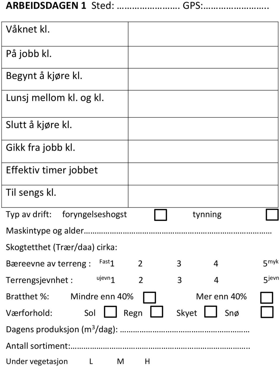 Typ av drift: foryngelseshogst tynning Maskintype og alder Skogtetthet (Trær/daa) cirka: Bæreevne av terreng : Fast 1 2