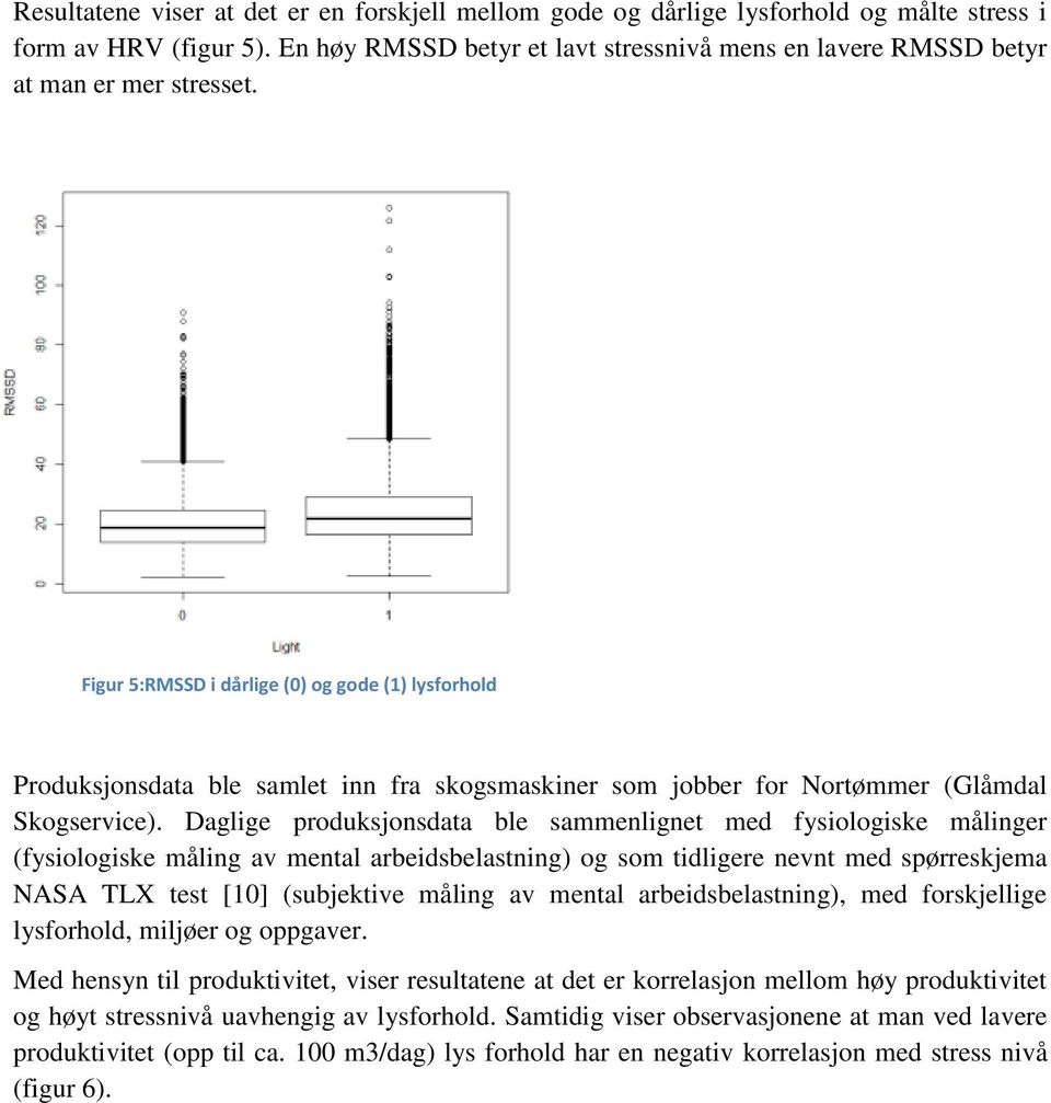 Figur 5:RMSSD i dårlige (0) og gode (1) lysforhold Produksjonsdata ble samlet inn fra skogsmaskiner som jobber for Nortømmer (Glåmdal Skogservice).