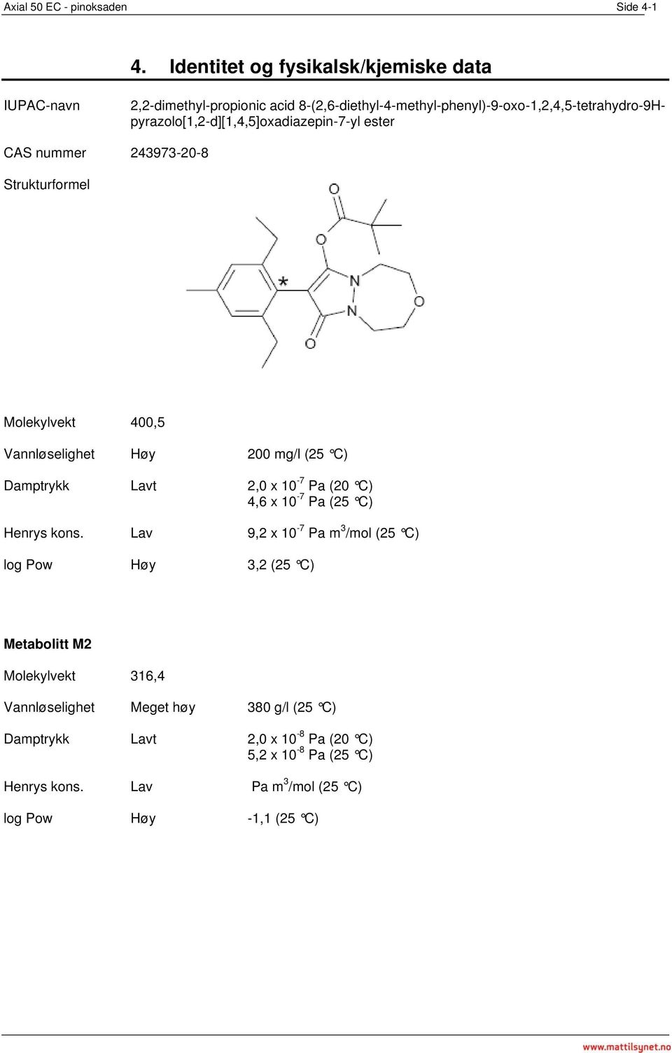 8-(2,6-diethyl-4-methyl-phenyl)-9-oxo-1,2,4,5-tetrahydro-9Hpyrazolo[1,2-d][1,4,5]oxadiazepin-7-yl ester CAS nummer 243973-20-8 Strukturformel Molekylvekt