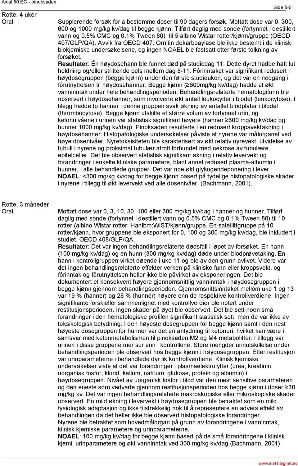 Avvik fra OECD 407: Ornitin dekarboaylase ble ikke bestemt i de klinisk biokjemiske undersøkelsene, og ingen NOAEL ble fastsatt etter første tolkning av forsøket.