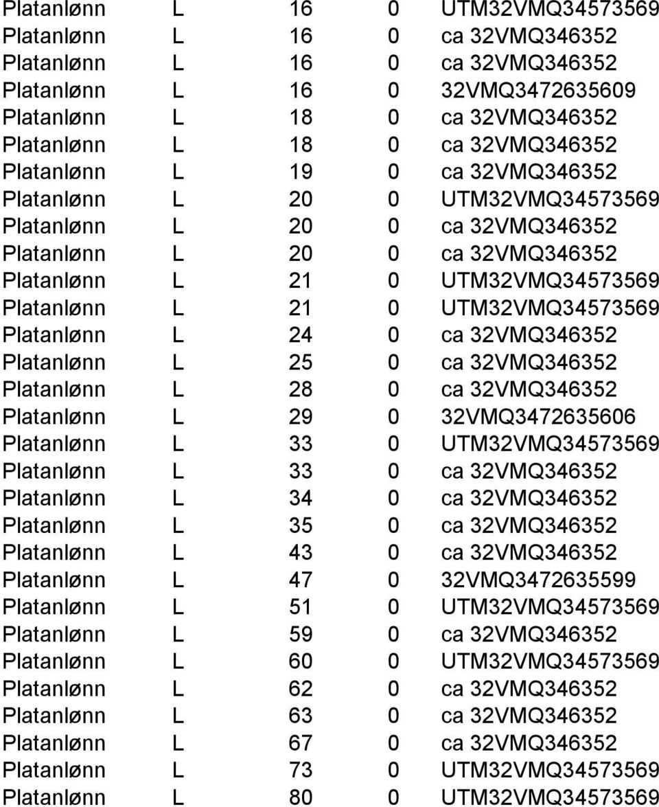 UTM32VMQ34573569 Platanlønn L 24 0 ca 32VMQ346352 Platanlønn L 25 0 ca 32VMQ346352 Platanlønn L 28 0 ca 32VMQ346352 Platanlønn L 29 0 32VMQ3472635606 Platanlønn L 33 0 UTM32VMQ34573569 Platanlønn L