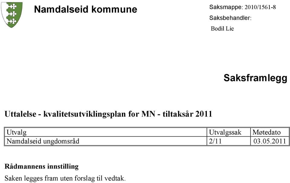 2011 Utvalg Utvalgssak Møtedato Namdalseid ungdomsråd 2/11 03.05.