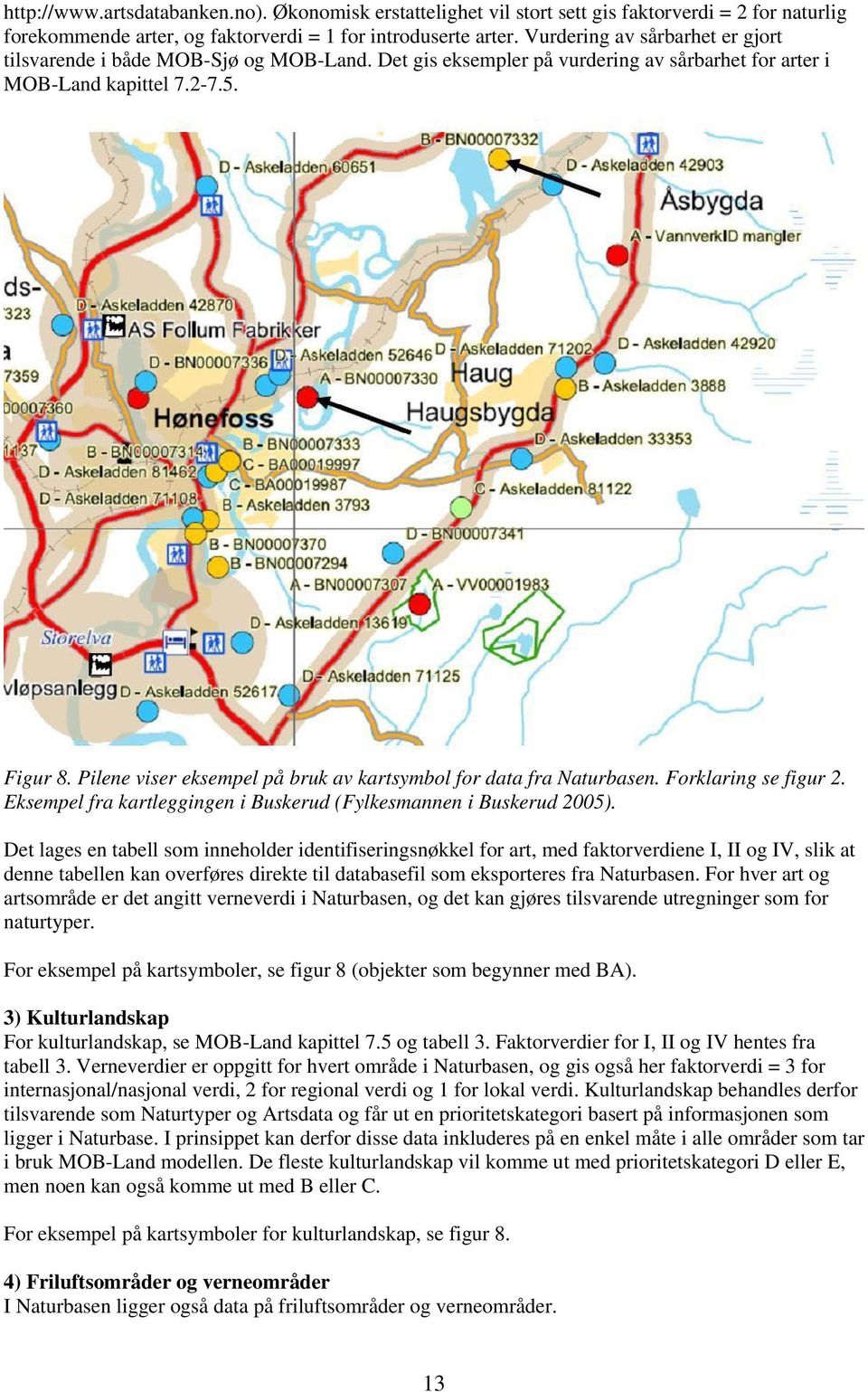 Pilene viser eksempel på bruk av kartsymbol for data fra Naturbasen. Forklaring se figur 2. Eksempel fra kartleggingen i Buskerud (Fylkesmannen i Buskerud 2005).