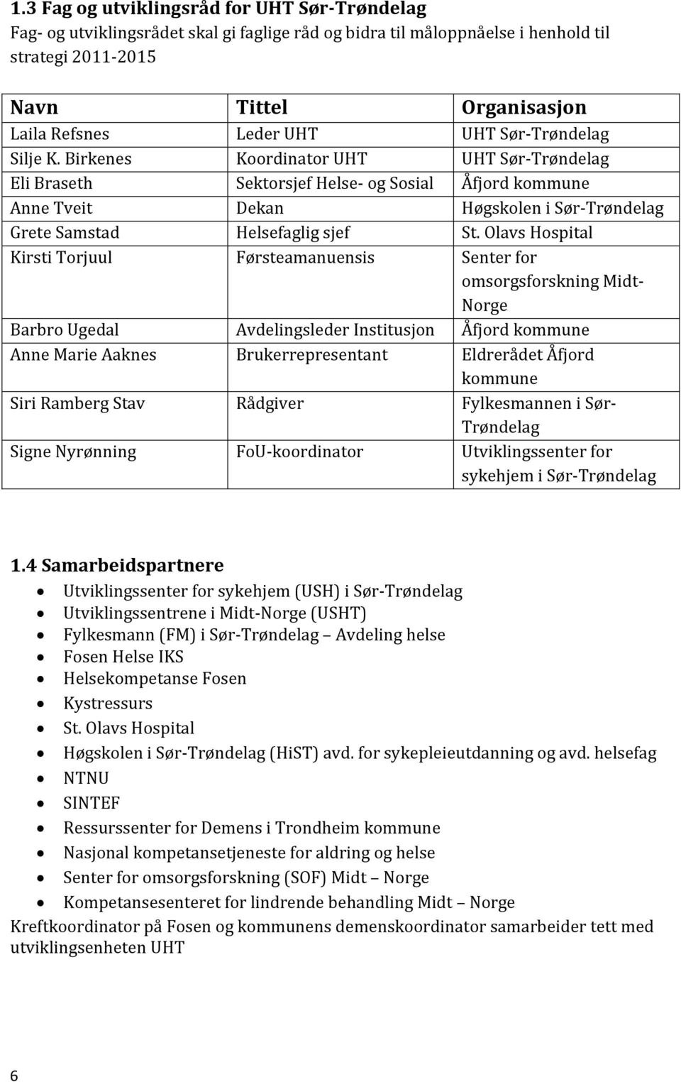 Birkenes Koordinator UHT UHT Sør-Trøndelag Eli Braseth Sektorsjef Helse- og Sosial Åfjord kommune Anne Tveit Dekan Høgskolen i Sør-Trøndelag Grete Samstad Helsefaglig sjef St.