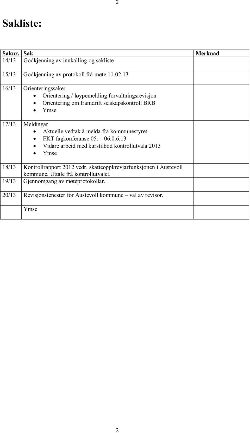 vedtak å melda frå kommunestyret FKT fagkonferanse 05. 06.0.6.13 Vidare arbeid med kurstilbod kontrollutvala 2013 Ymse 18/13 Kontrollrapport 2012 vedr.