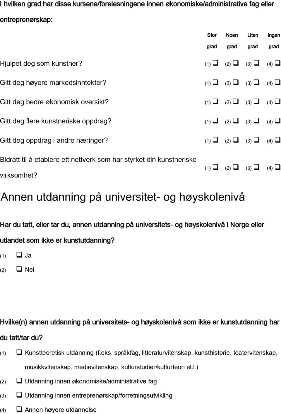 (2) (3) (4) Bidratt til å etablere ett nettverk som har styrket din kunstneriske virksomhet?