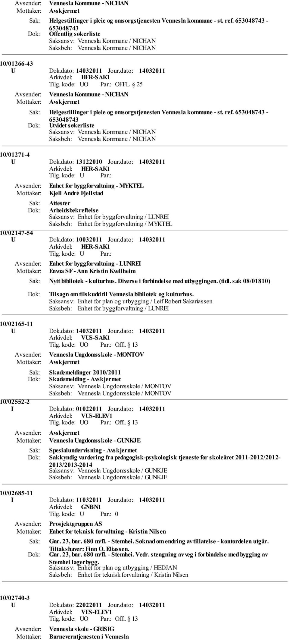 dato:  653048743-653048743 Utvidet søkerliste Saksansv: Vennesla Kommune / NICHAN Saksbeh: Vennesla Kommune / NICHAN 10/01271-4 U Dok.dato: 13122010 Jour.