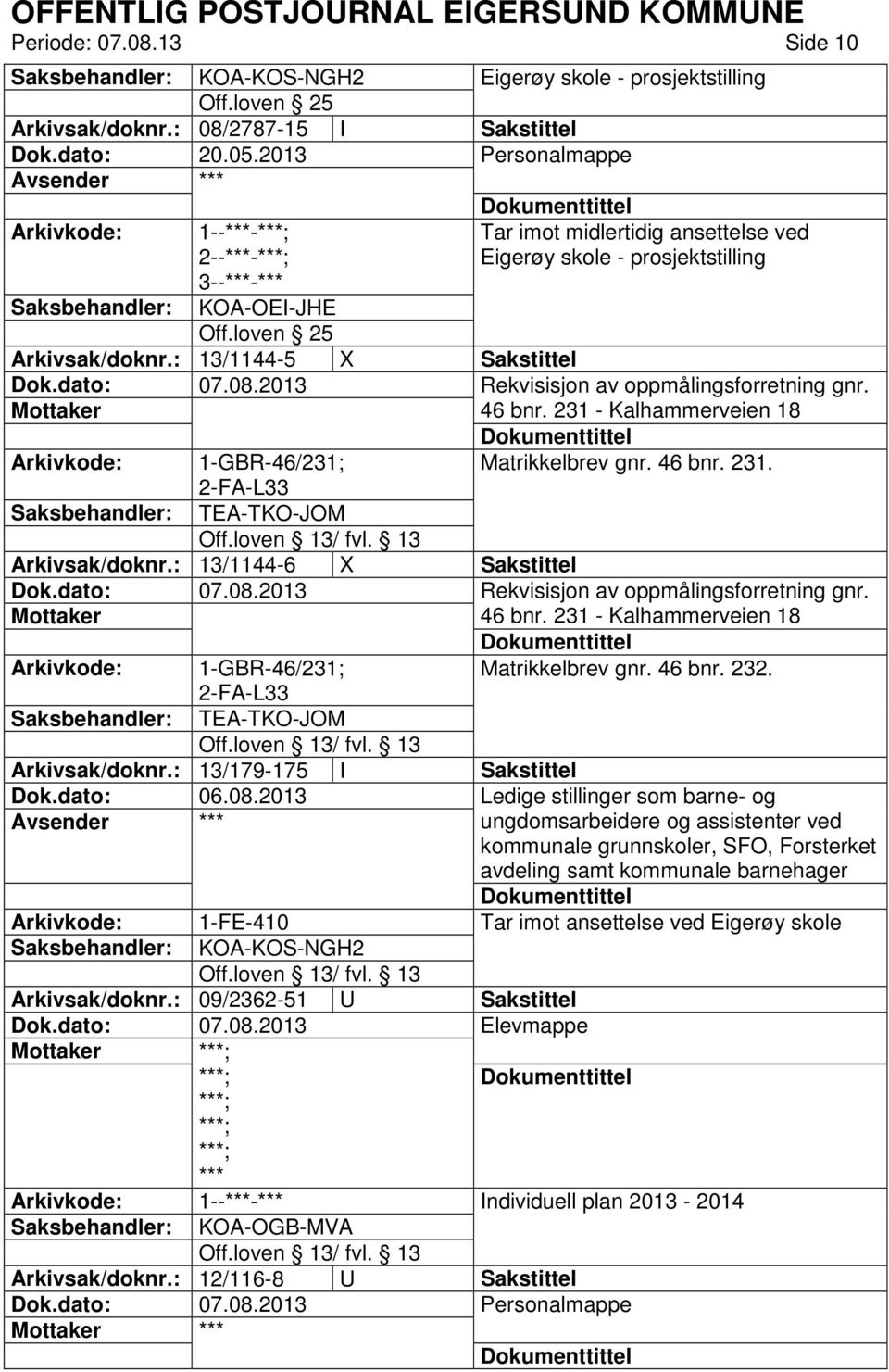 46 bnr. 231 - Kalhammerveien 18 Arkivkode: 1-GBR-46/231; Matrikkelbrev gnr. 46 bnr. 231. 2-FA-L33 TEA-TKO-JOM Arkivsak/doknr.: 13/1144-6 X Sakstittel Rekvisisjon av oppmålingsforretning gnr. 46 bnr. 231 - Kalhammerveien 18 Arkivkode: 1-GBR-46/231; Matrikkelbrev gnr. 46 bnr. 232.