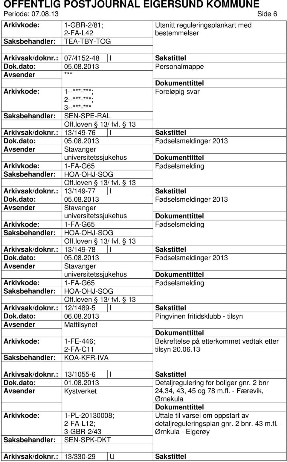 : 13/149-76 I Sakstittel Fødselsmeldinger 2013 Avsender Stavanger universitetssjukehus Arkivkode: 1-FA-G65 Fødselsmelding HOA-OHJ-SOG Arkivsak/doknr.