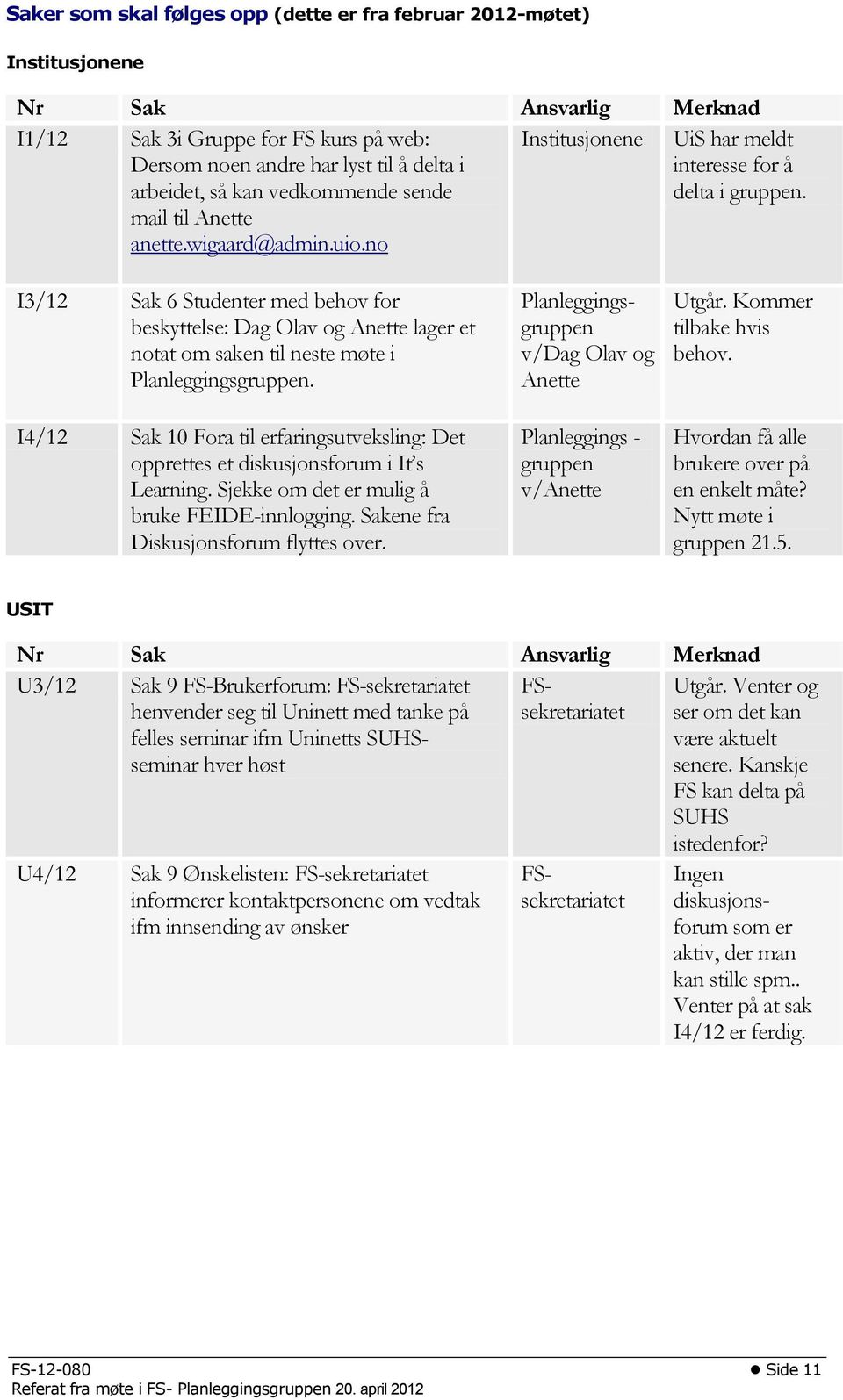 I3/12 Sak 6 Studenter med behov for beskyttelse: Dag Olav og Anette lager et notat om saken til neste møte i Planleggingsgruppen.