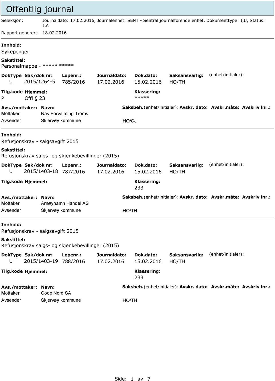 : Nav Forvaltning Troms HO/CJ Refusjonskrav - salgsavgift 2015 Refusjonskrav salgs- og skjenkebevillinger (2015) 2015/1403-18 787/2016 233 Avs./mottaker: Navn: Saksbeh.