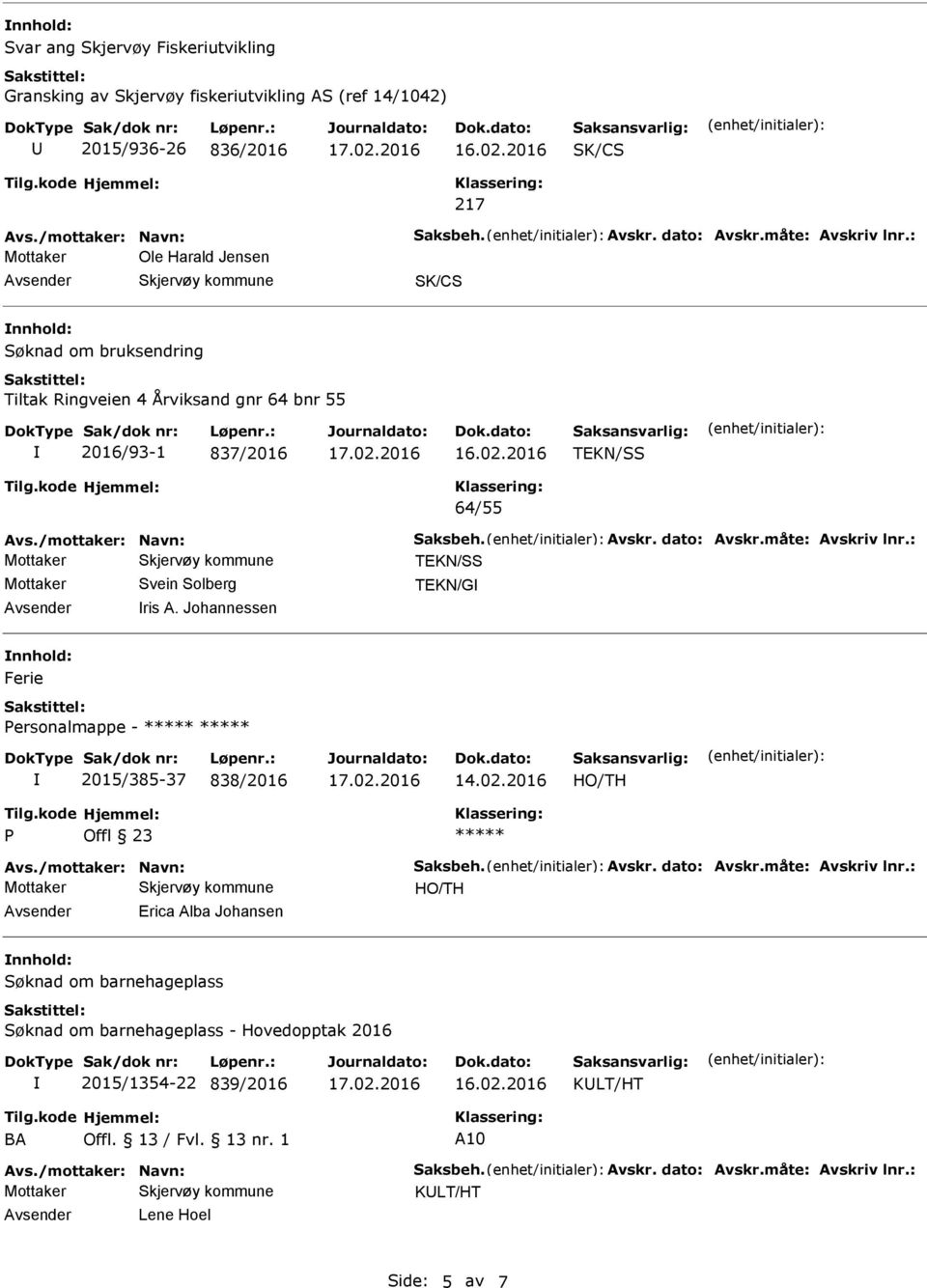 : TEKN/SS Svein Solberg TEKN/G ris A. Johannessen Ferie ersonalmappe - 2015/385-37 838/2016 14.02.2016 Avs./mottaker: Navn: Saksbeh. Avskr. dato: Avskr.måte: Avskriv lnr.