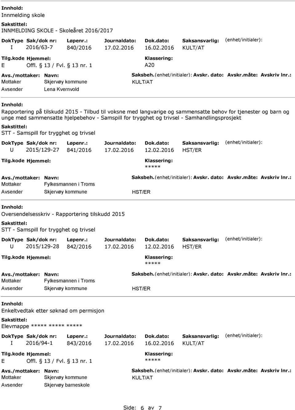 trivsel - Samhandlingsprosjekt STT - Samspill for trygghet og trivsel 2015/129-27 841/2016 12.02.2016 Avs./mottaker: Navn: Saksbeh. Avskr. dato: Avskr.måte: Avskriv lnr.