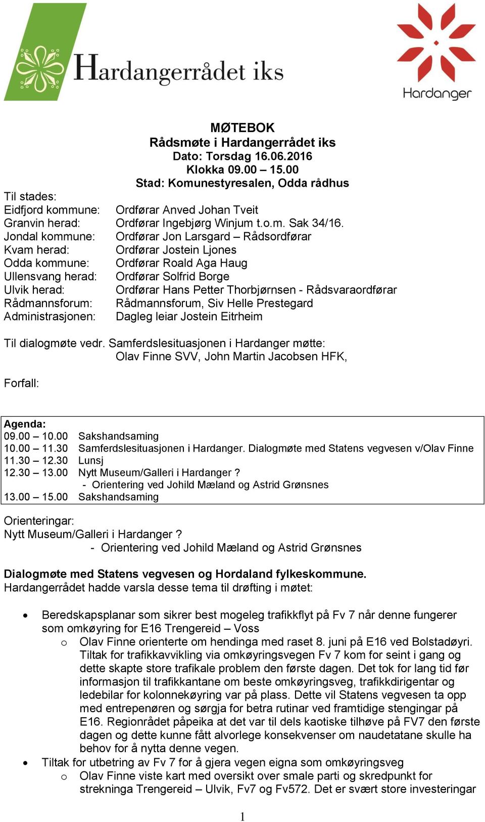 Jondal kommune: Ordførar Jon Larsgard Rådsordførar Kvam herad: Ordførar Jostein Ljones Odda kommune: Ordførar Roald Aga Haug Ullensvang herad: Ordførar Solfrid Borge Ulvik herad: Ordførar Hans Petter