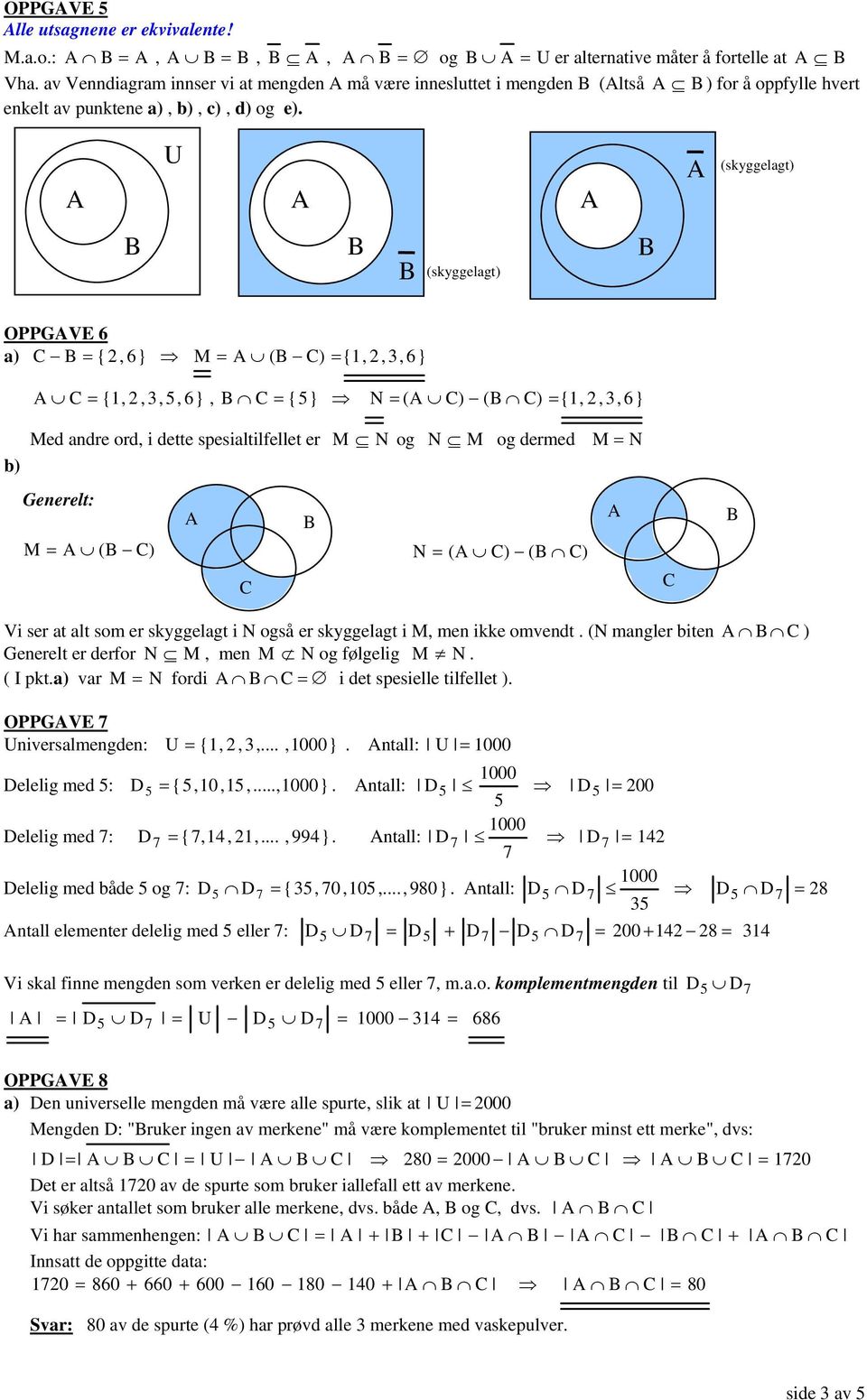 (skyggelagt) (skyggelagt) OPPGVE 6 a) = {, 6} M = ( ) = {,,, 6} b) = {,,, 5, 6}, = {5} N = ( ) ( ) = {,,, 6} Med andre ord, i dette spesialtilfellet er Generelt: M N og N M og dermed M = N M = ( ) N