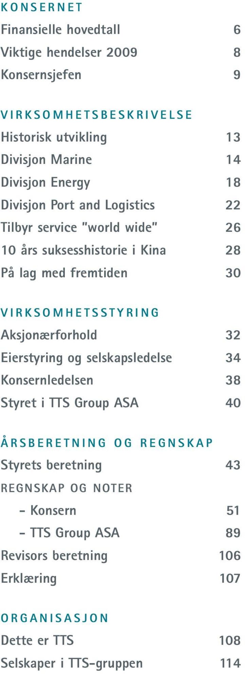 VIRKSOMHETSSTYRING Aksjonærforhold 32 Eierstyring og selskapsledelse 34 Konsernledelsen 38 Styret i TTS Group ASA 40 ÅRSBERETNING OG REGNSKAP