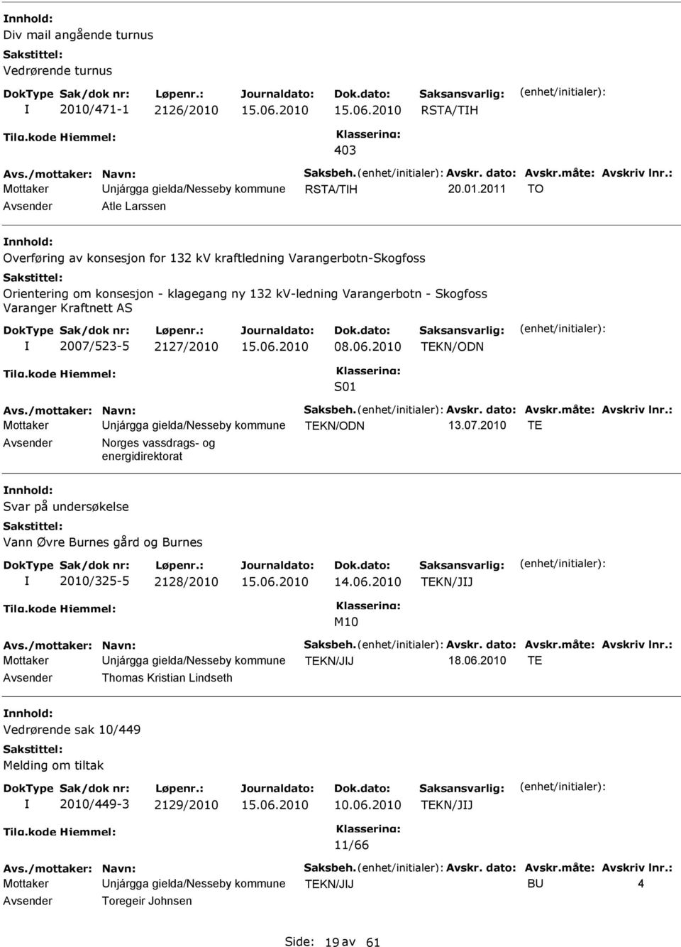 2011 TO Avsender Atle Larssen nnhold: Overføring av konsesjon for 132 kv kraftledning Varangerbotn-Skogfoss Orientering om konsesjon - klagegang ny 132 kv-ledning Varangerbotn - Skogfoss Varanger