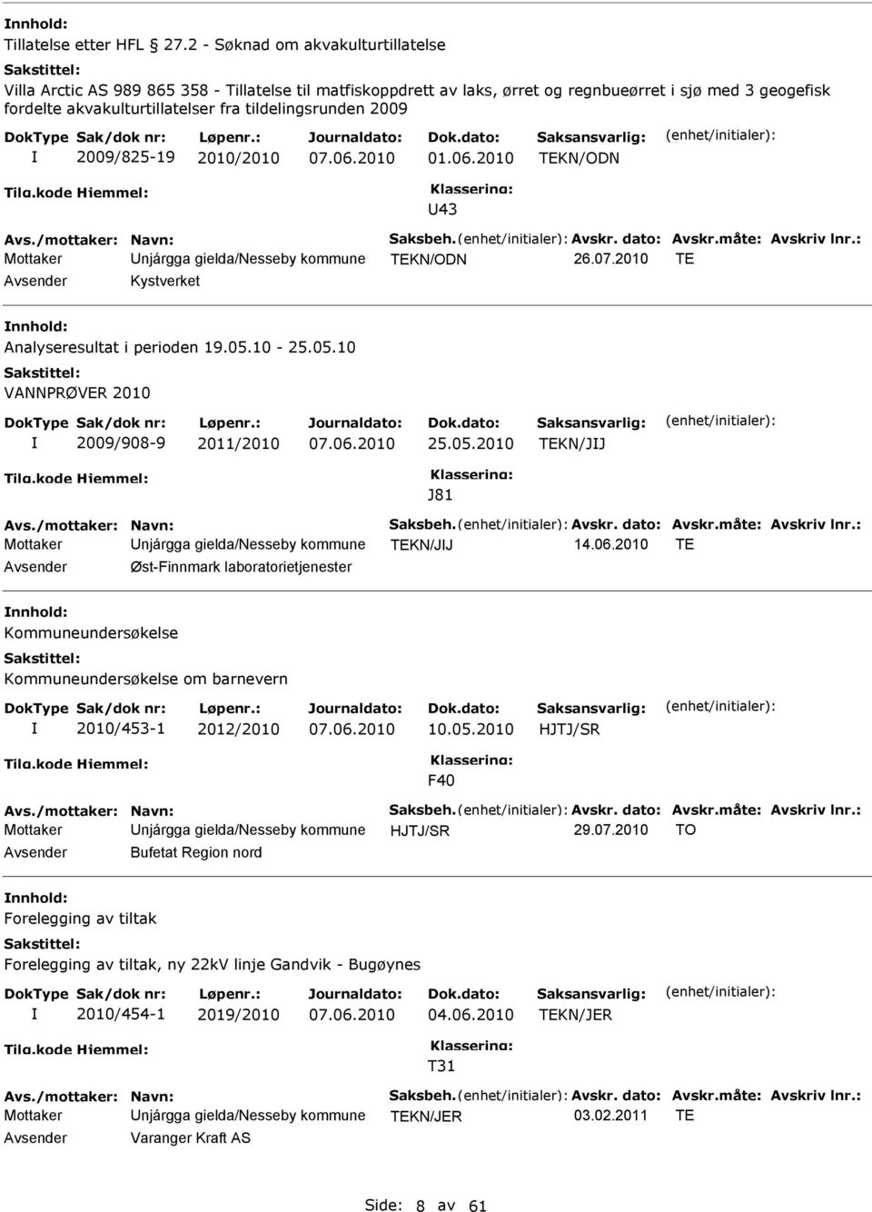 tildelingsrunden 2009 2009/825-19 2010/2010 07.06.2010 01.06.2010 TEKN/ODN U43 Avs./mottaker: Navn: Saksbeh. Avskr. dato: Avskr.måte: Avskriv lnr.