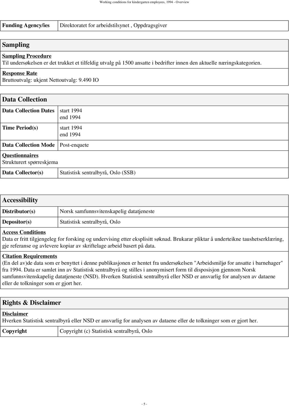 490 IO Data Collection Data Collection Dates start 1994 end 1994 Time Period(s) start 1994 end 1994 Data Collection Mode Questionnaires Strukturert spørreskjema Data Collector(s) Post-enquete
