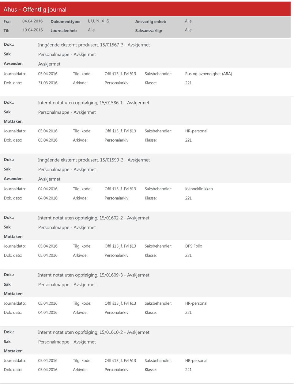 2016 Arkivdel: Personalarkiv Inngående eksternt produsert, 15/01599-3 - Kvinneklinikken Dok.